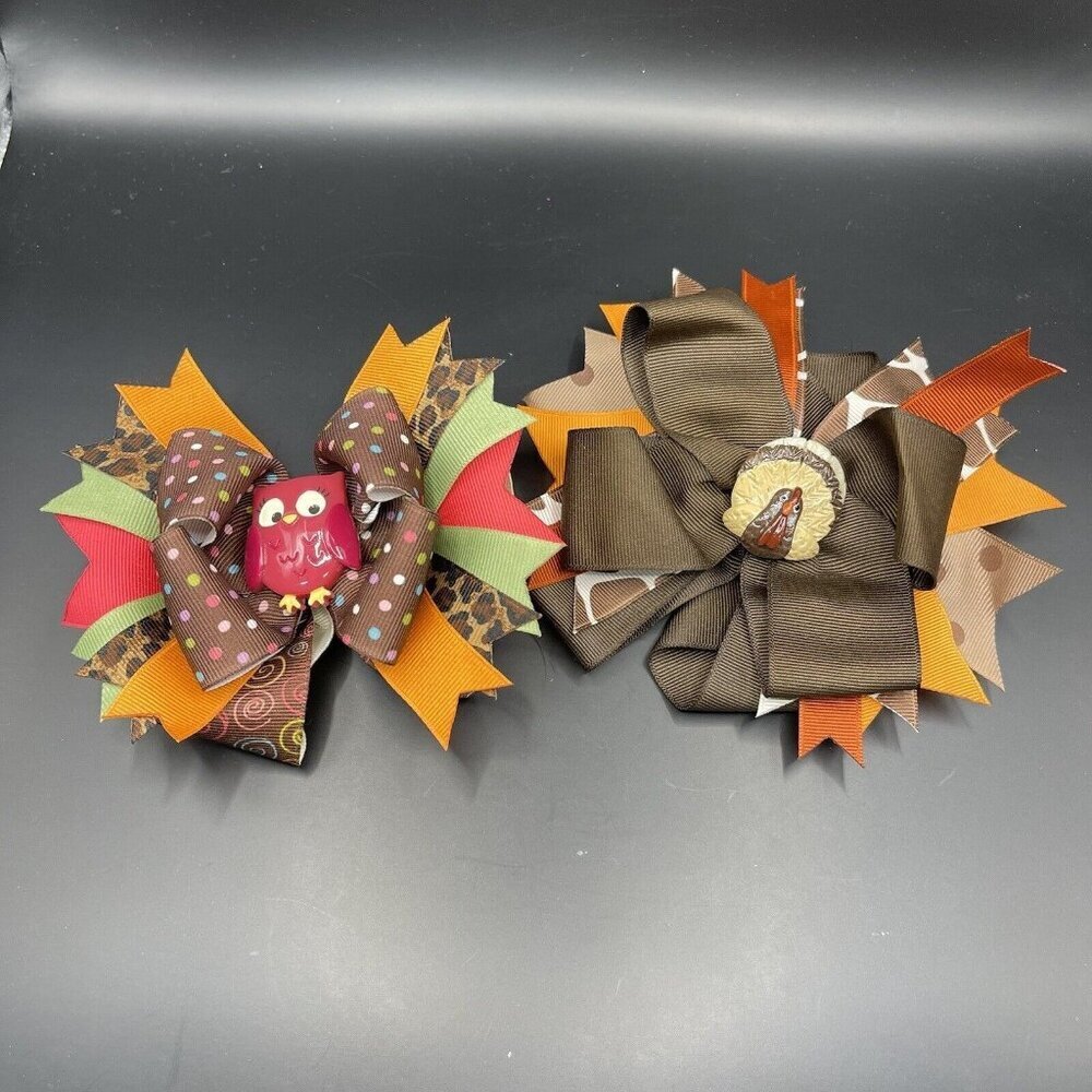 Lot of 2 Hair Bows Thanksgiving Fall Turkey Owl Brown Pink Clip Hairbow